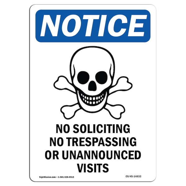 OSHA Sign, 24" H, 18" W, Rigid Plastic, No Soliciting No Trespassing Sign With Symbol, Portrait